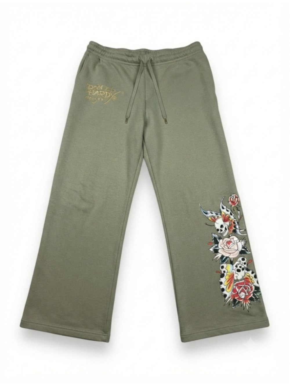 Womens Sage Green Ed Hardy wide-leg butterfly tattooed sweatpants size Large